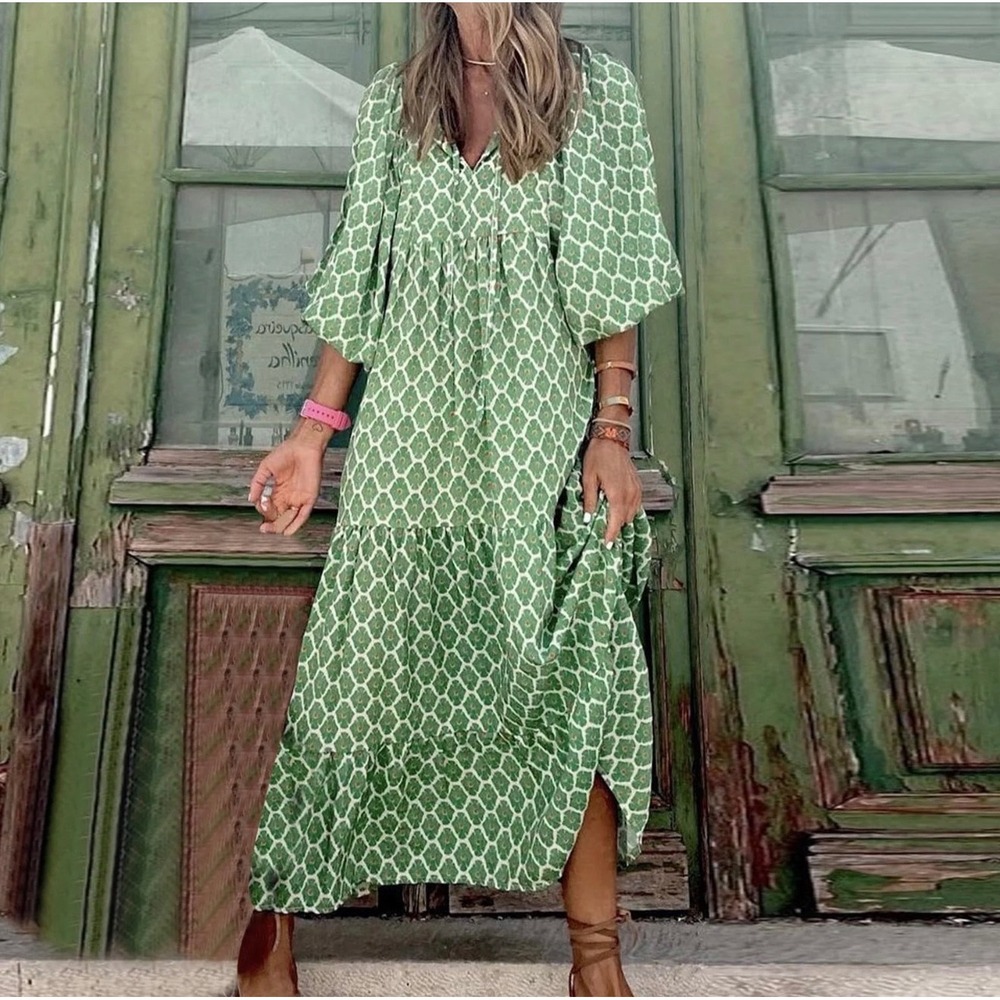 Green Floral Geometric Patterned Tiered Rayon Maxi Dress Balloon Sleeve Women L